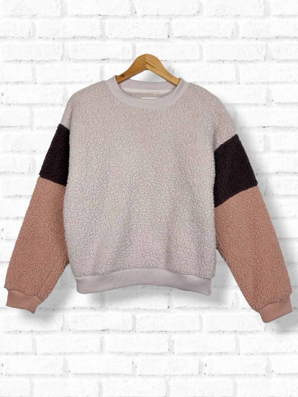 American Eagle Muted Color Block Sherpa Fleece Pullover Cozy Soft Sweatshirt S
